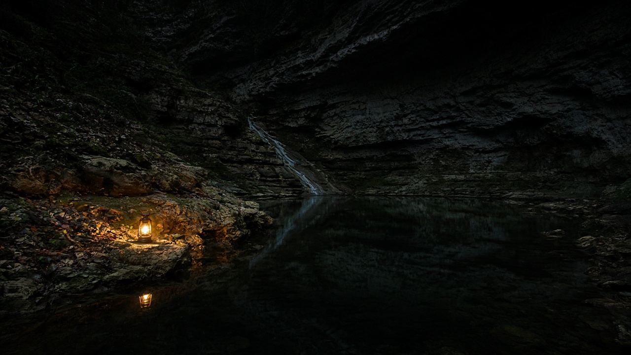 Ozark spring. Access is by the week. The water stays black and still.
