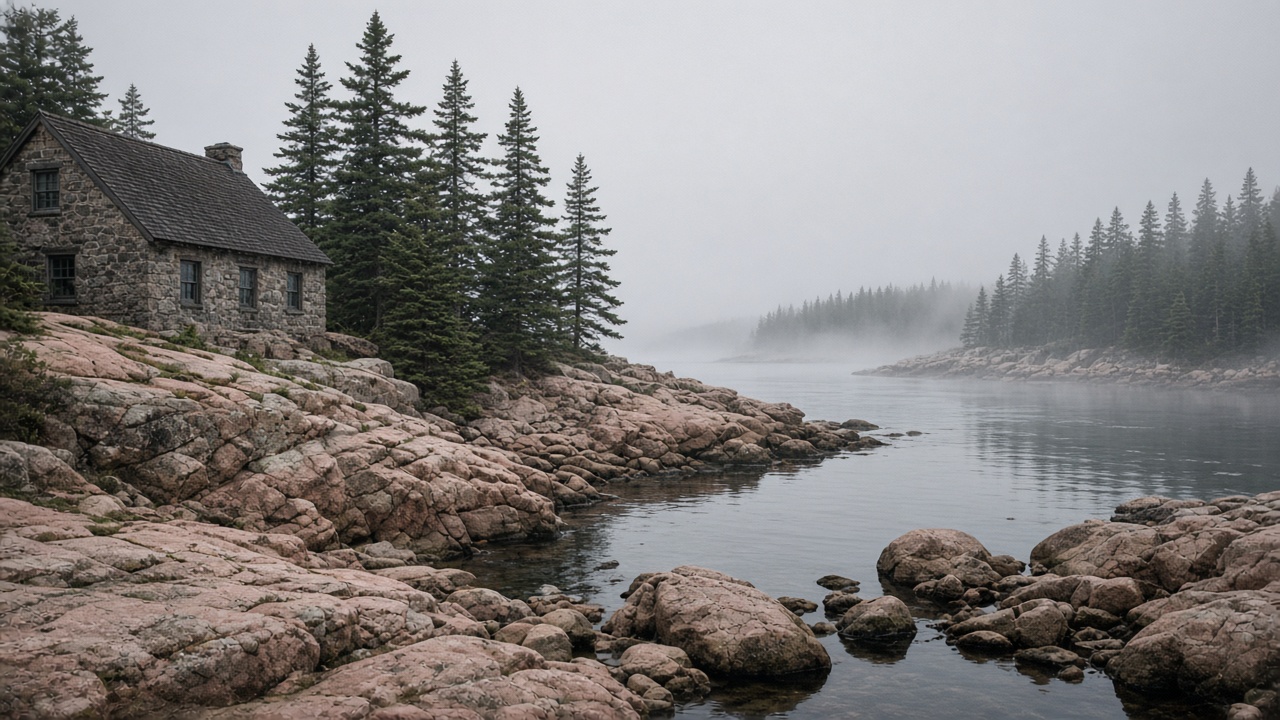 Pink granite cottage above a Maine cove. Access is by the week.