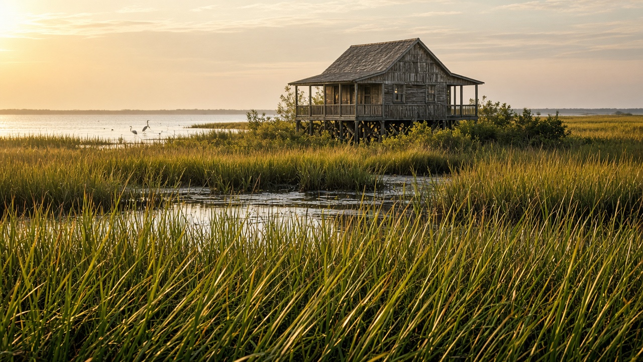 Raised cottage on the bay. Access is by the month.