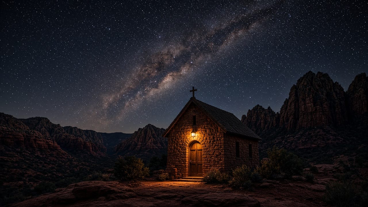 Sandstone chapel above the wash. Dayparts for stills and voice. No crew trucks past the gate.